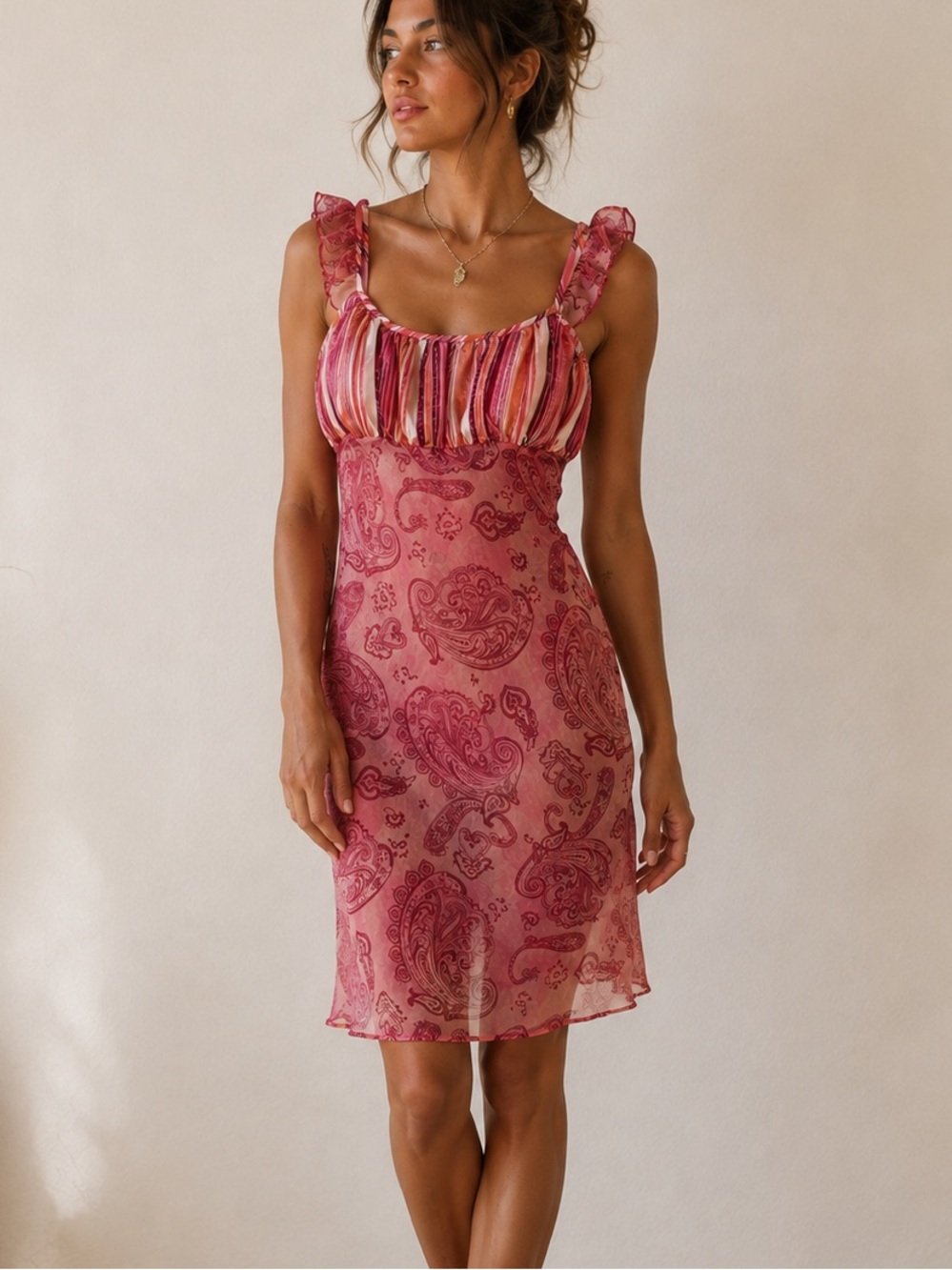 Jessica Intimates Pink Paisley Night Gown Slip Mini Dress Ruched Ruffle Strap
